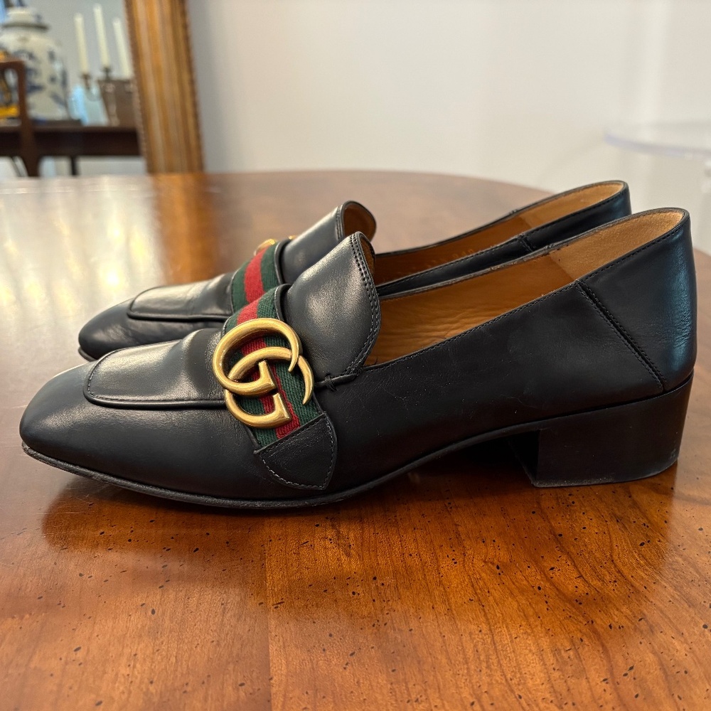 Gucci Black Leather Loafers with Gold and Green-Red Stripe Webbing, 37.5 - Picture 6 of 6